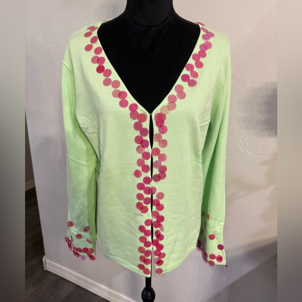 Storybook Knits Light Green Cardigan with Large Pink Sequin Accents. Size L